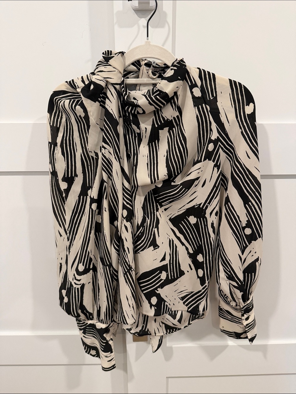 Zara Black & Cream Abstract Tie-Neck Blouse